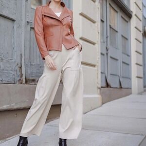 Clara Sun Woo Liquid Leather Signature Jacket Tan Moto Vegan Asymmetric XL Boho